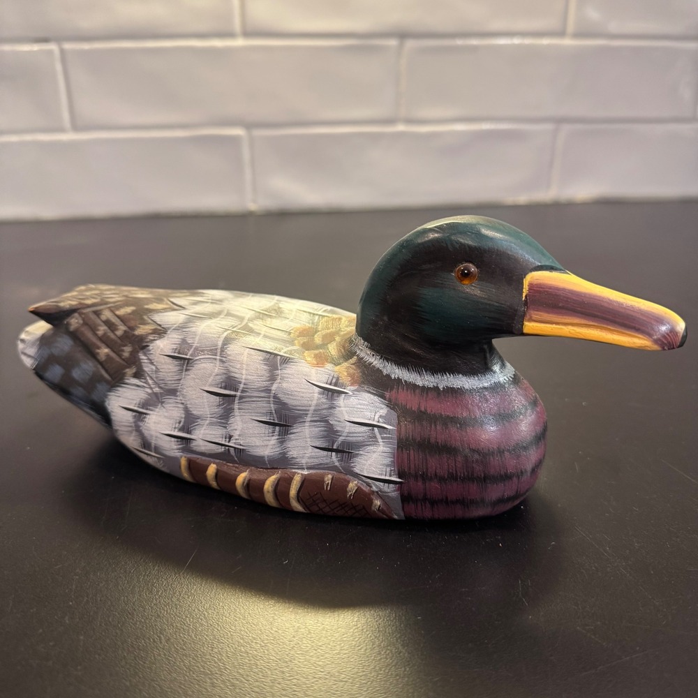 Hand Painted Mallard Duck Decoy Figurine Home Decor Multi-Color Rustic Wood
